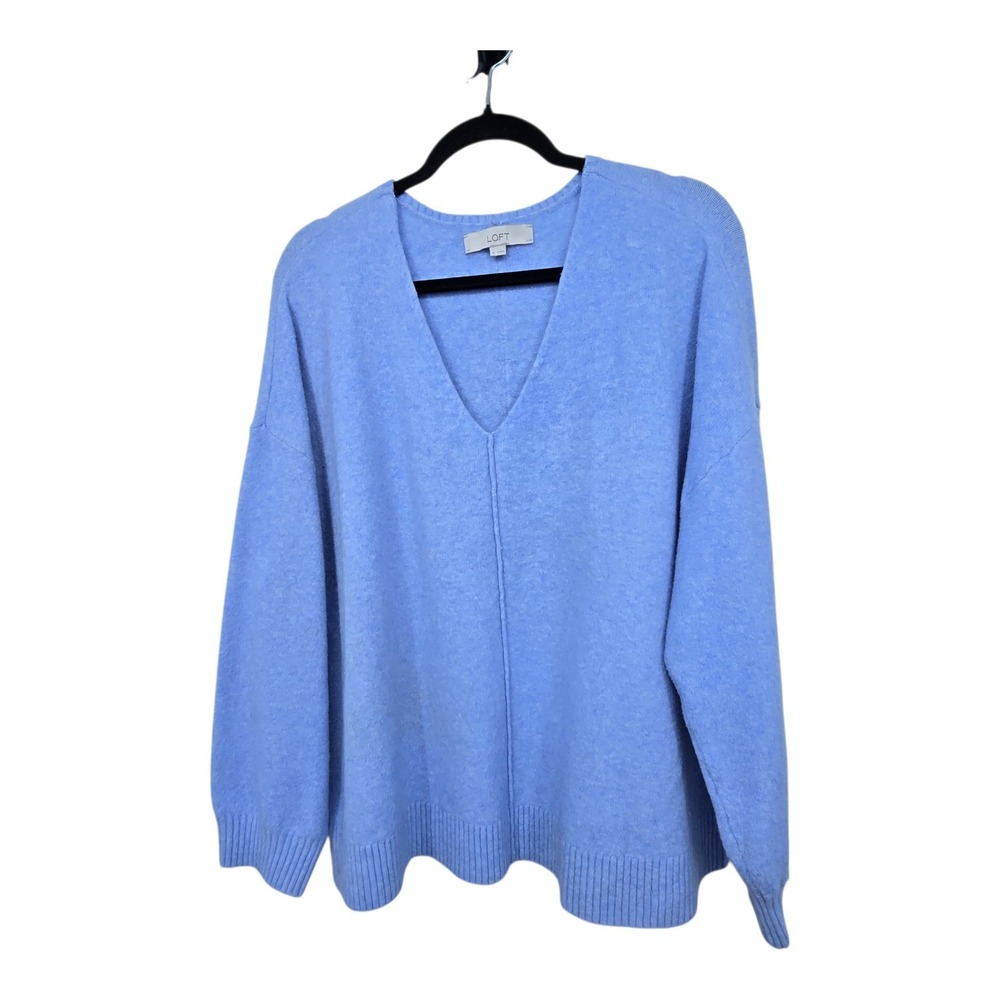 LOFT Wool Blend Sweater Womens XL Light Blue V Neck Boxy Chunky Cozy Casual Soft